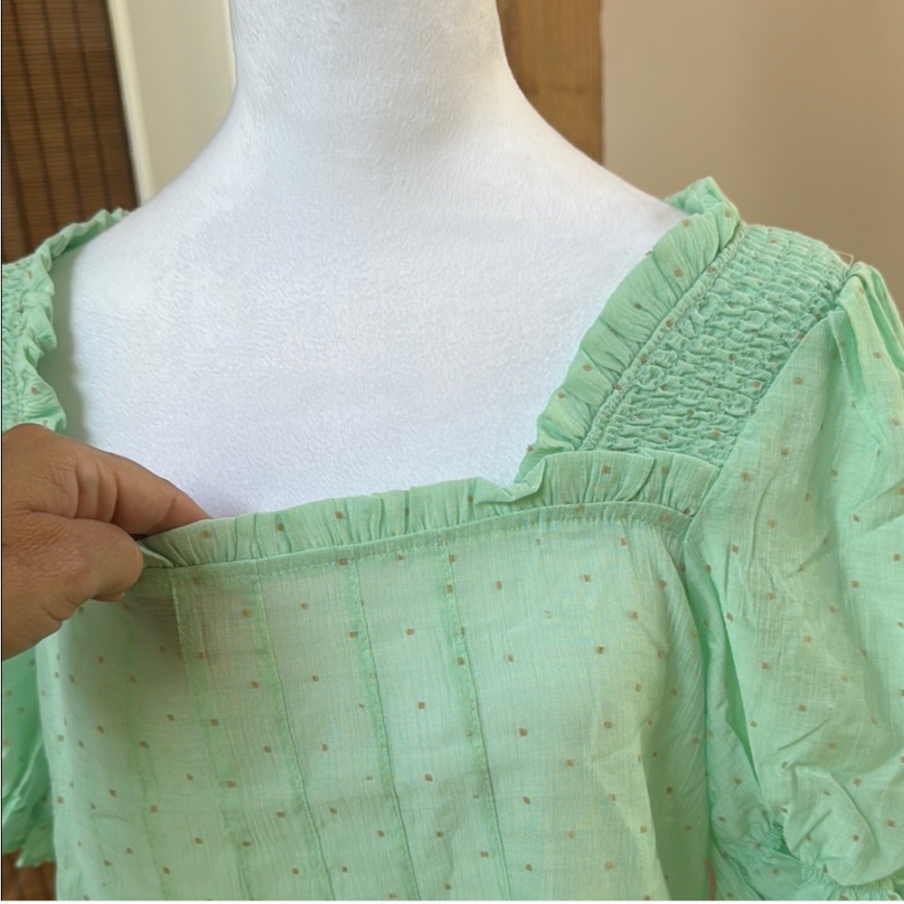 NWOT Mine @ Anthropology Mint Green Puff Sleeve Polka Dot Blouse - Picture 6 of 9